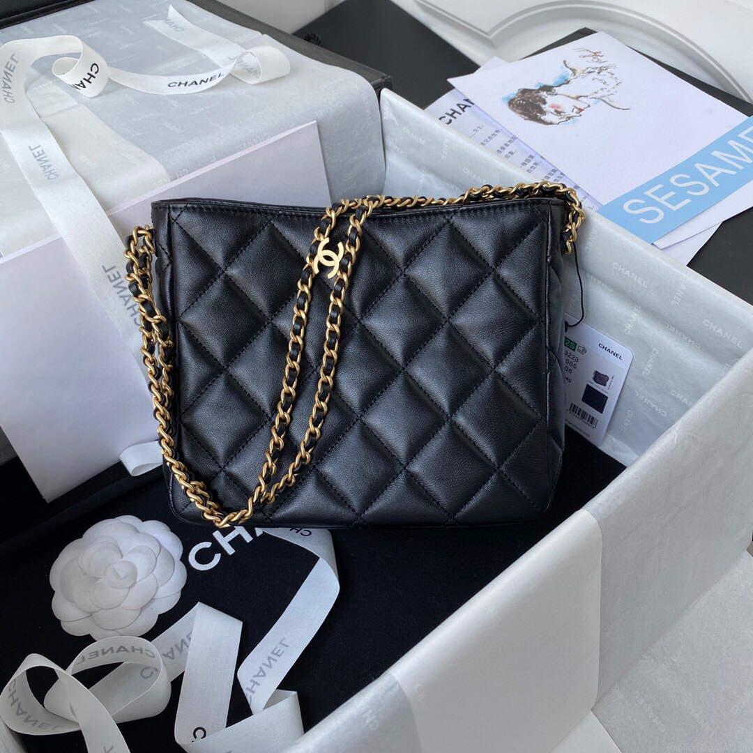 Chanel Small Hobo Bag Lambskin Gold AS3223 Black