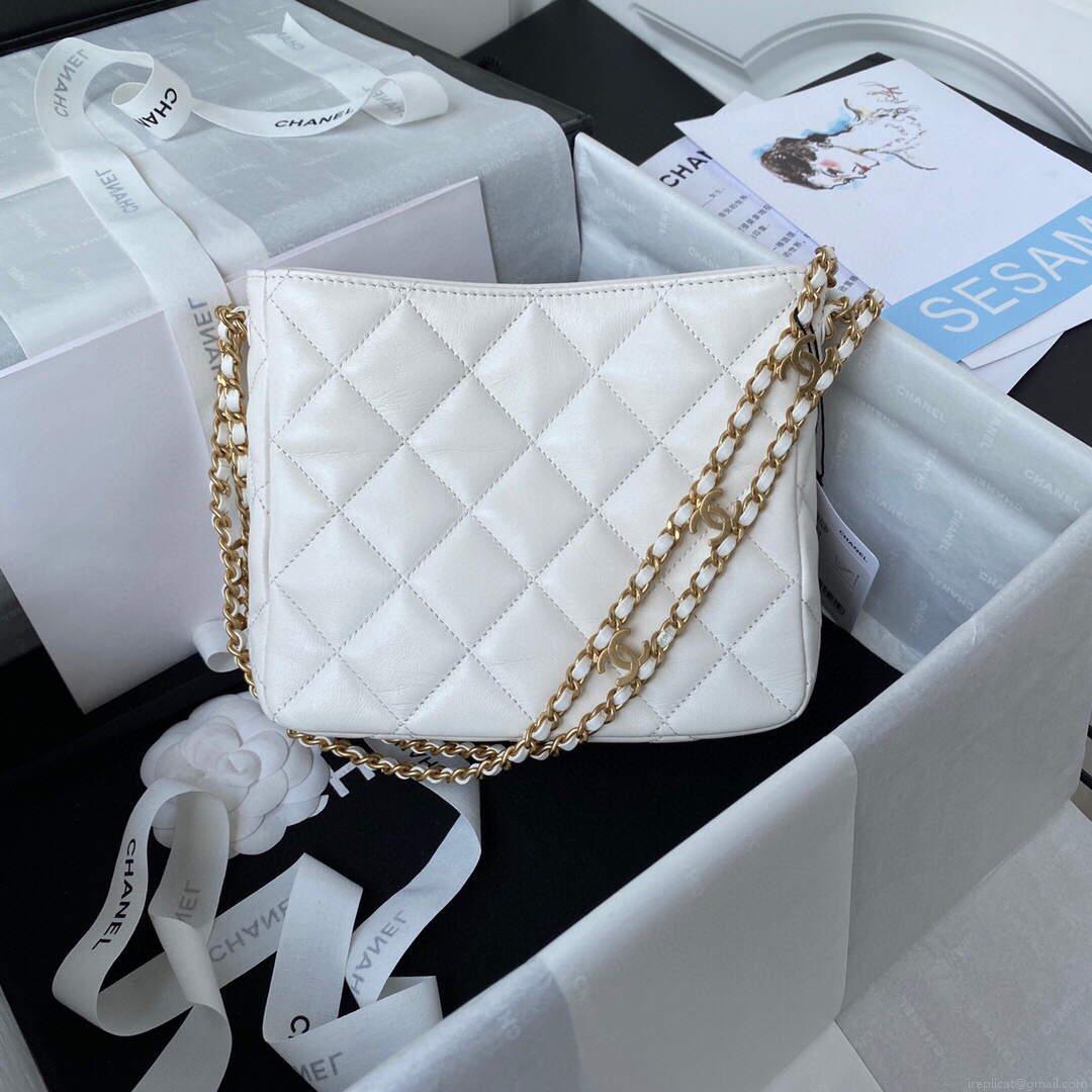 Chanel Small Hobo Bag Lambskin Gold AS3223 White