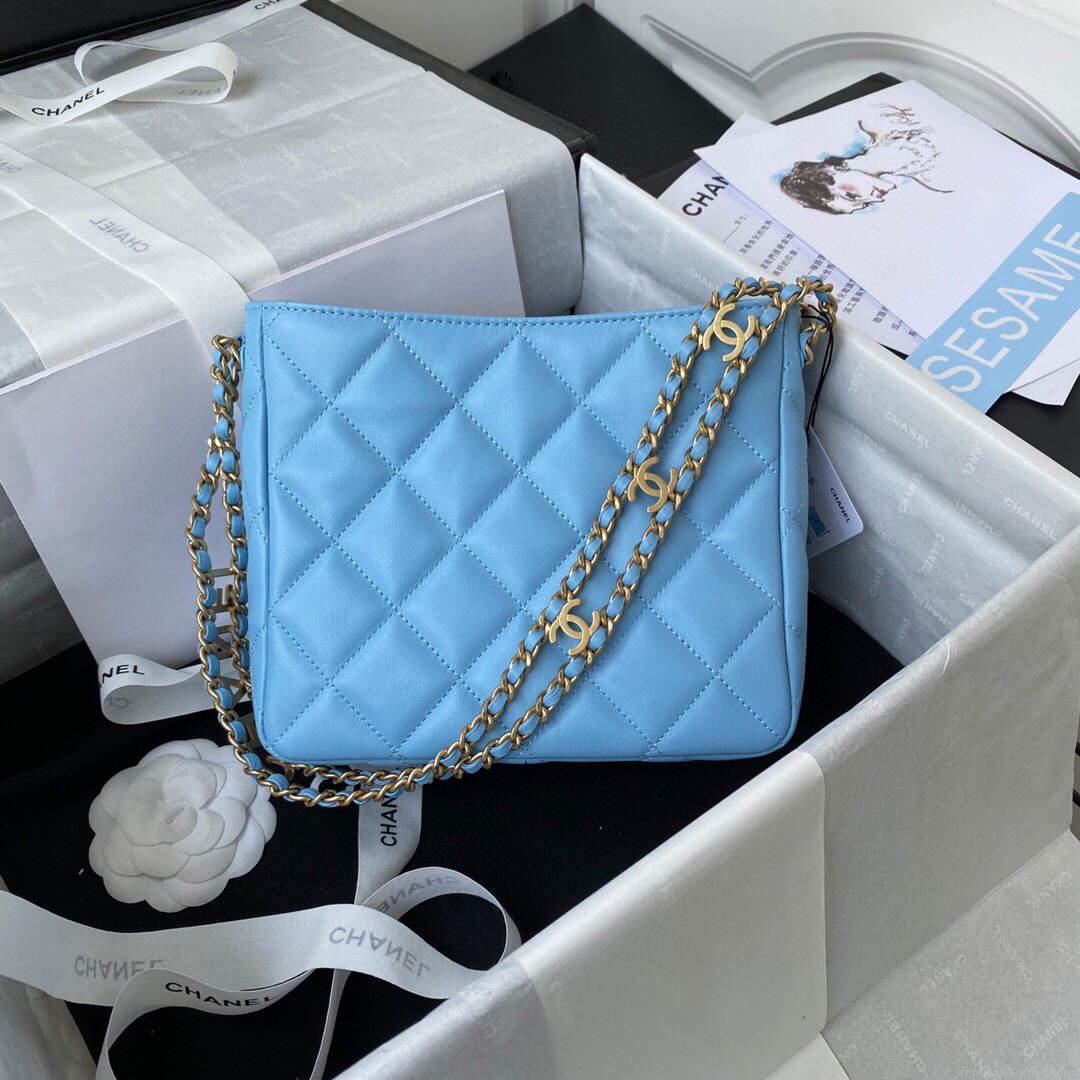 Chanel Small Hobo Bag Lambskin Gold AS3223 Blue
