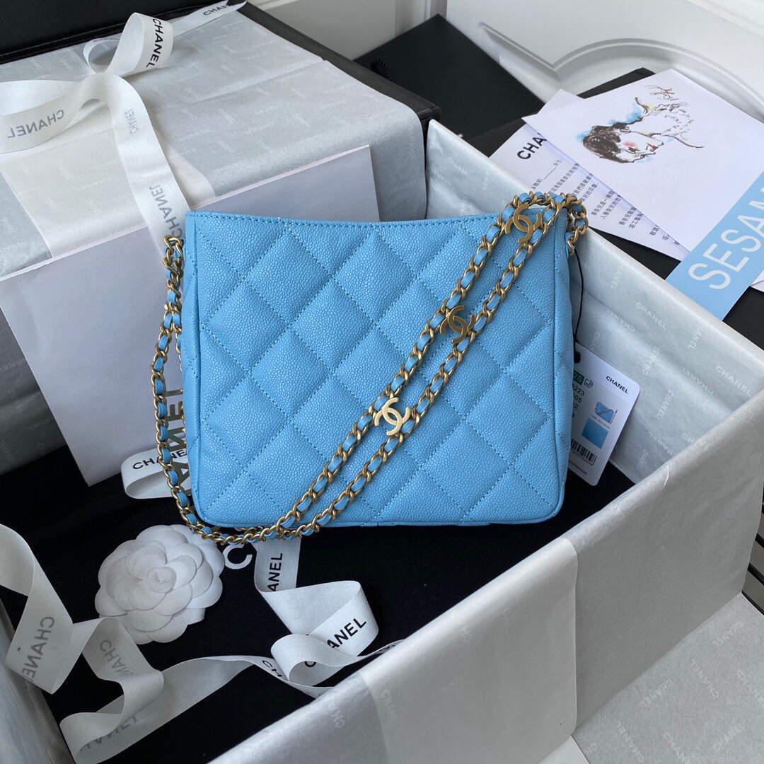 Chanel Small Hobo Bag Grained Calfskin Gold AS3223 Blue