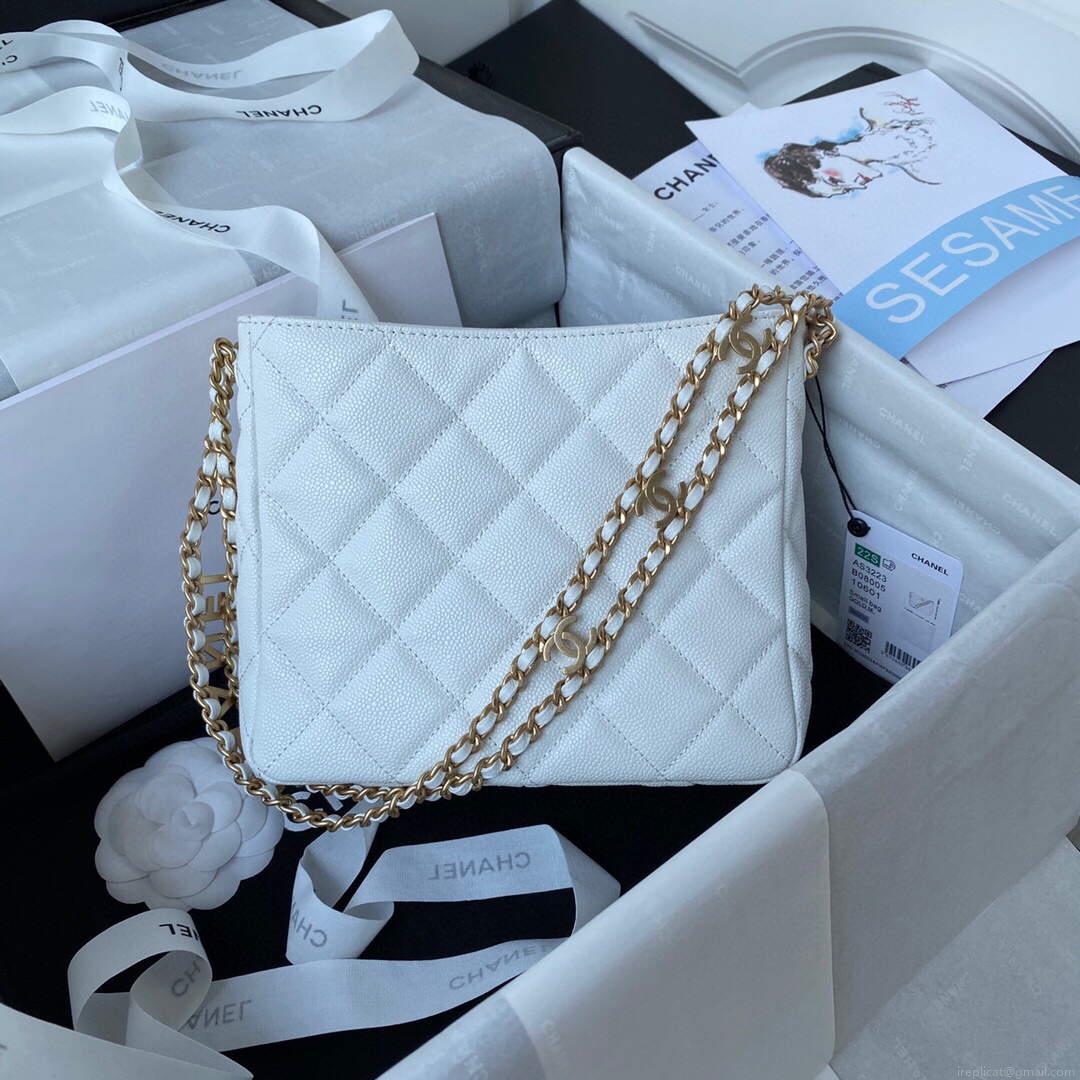 Chanel Small Hobo Bag Grained Calfskin Gold AS3223 White