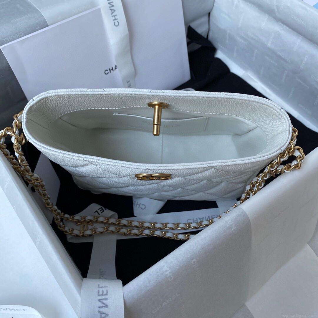 Chanel Small Hobo Bag Grained Calfskin Gold AS3223 White