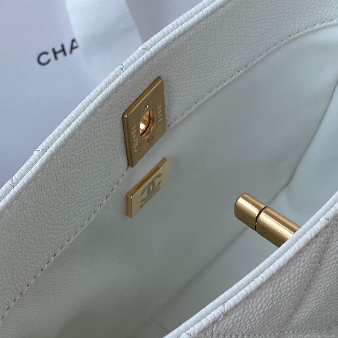 Chanel Small Hobo Bag Grained Calfskin Gold AS3223 White