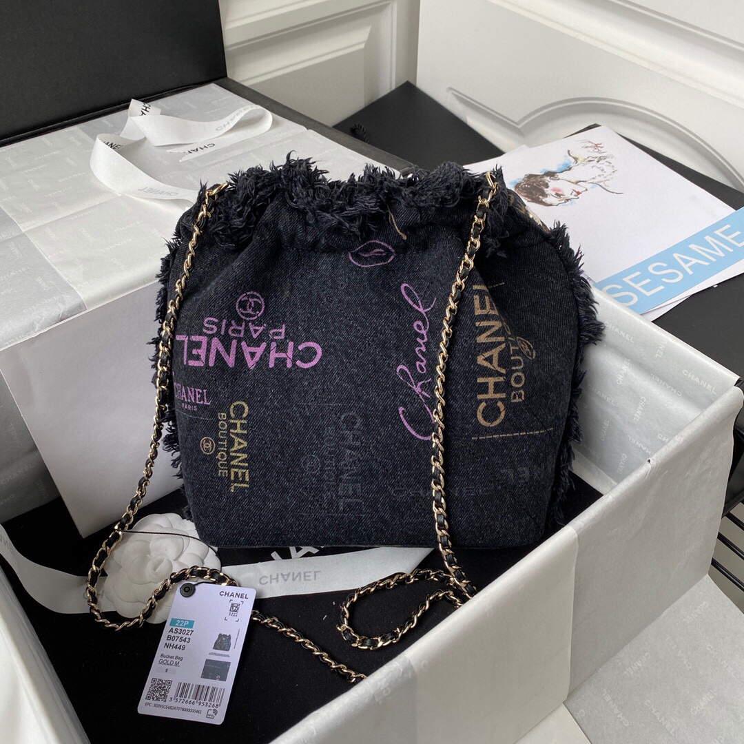 Chanel AS3027 Bucket Bag Printed Denim Gold Black
