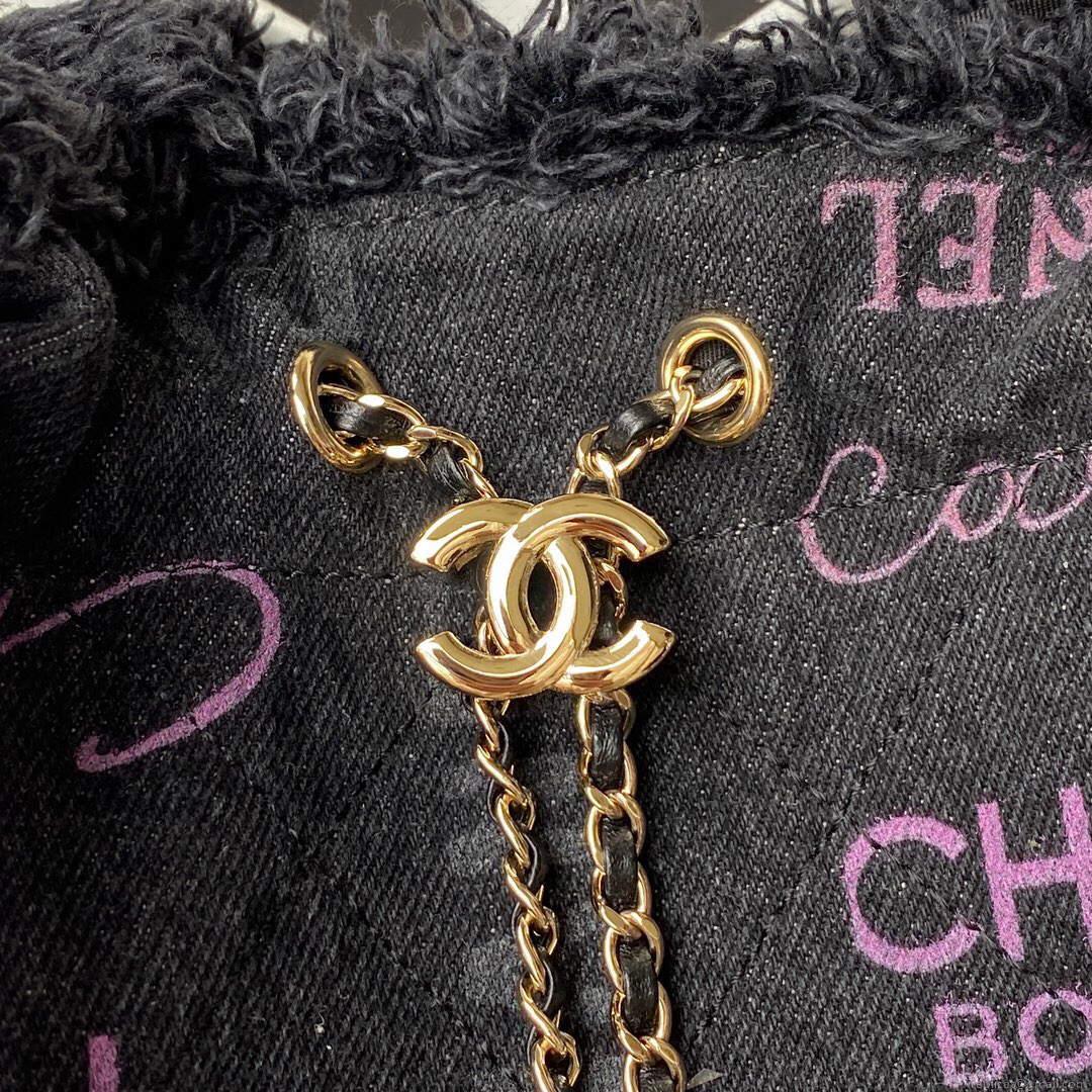 Chanel AS3027 Bucket Bag Printed Denim Gold Black