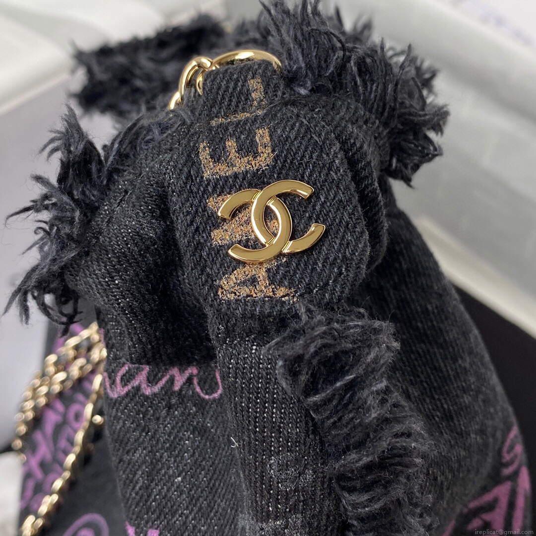 Chanel AS3027 Bucket Bag Printed Denim Gold Black