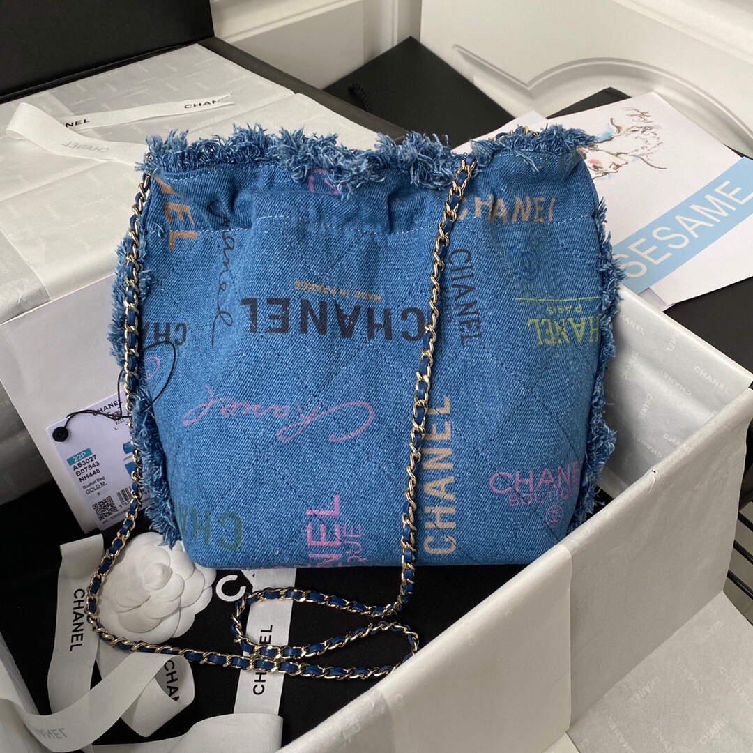 Chanel AS3027 Bucket Bag Printed Denim Gold Blue