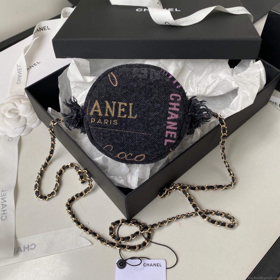 Chanel AP2603 Mini Bucket Bag with Chain Printed Denim Gold Black