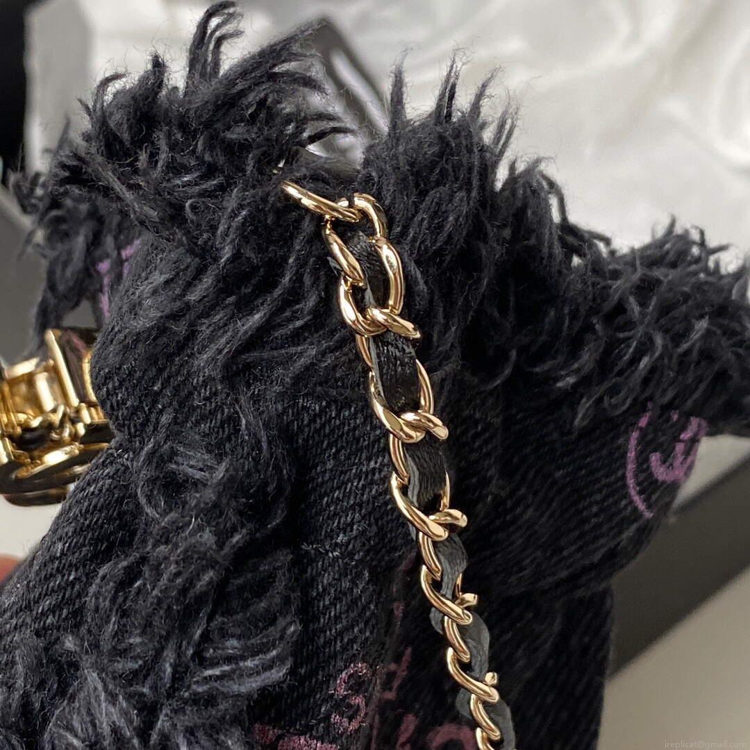 Chanel AP2603 Mini Bucket Bag with Chain Printed Denim Gold Black