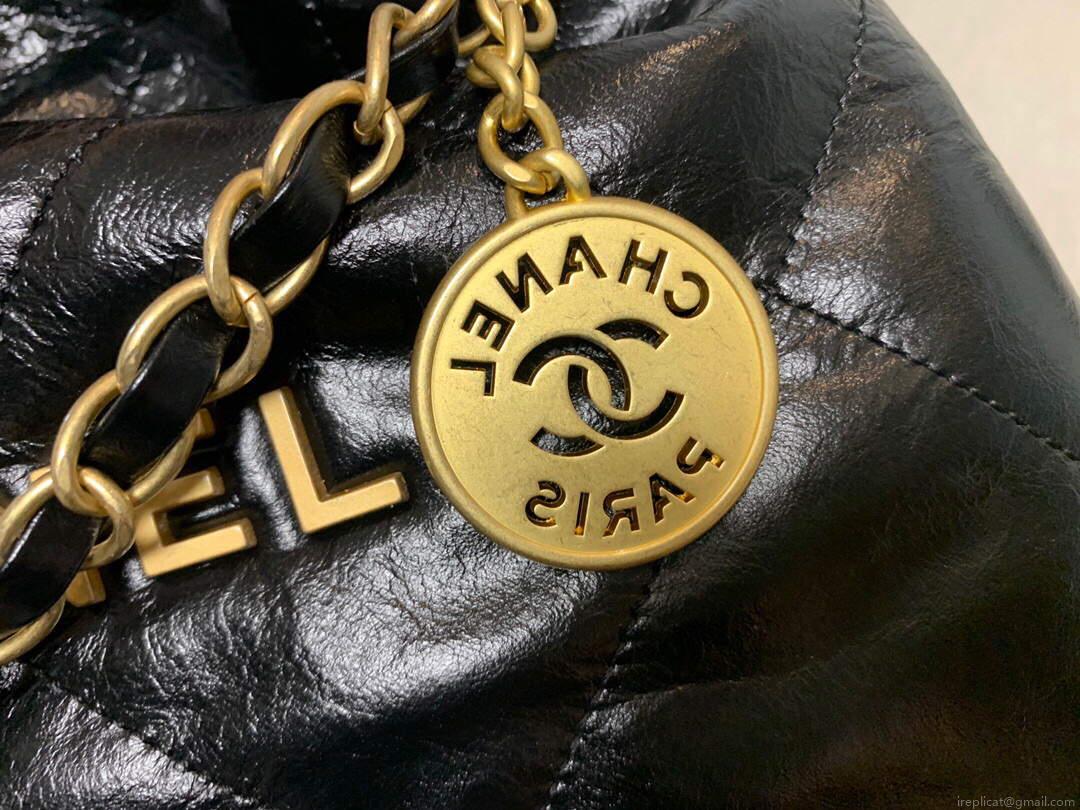 Chanel 22 Handbag Shiny Calfskin Gold AS3261 Black