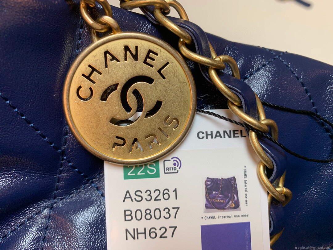Chanel 22 Handbag Shiny Calfskin Gold AS3261 Navy Blue