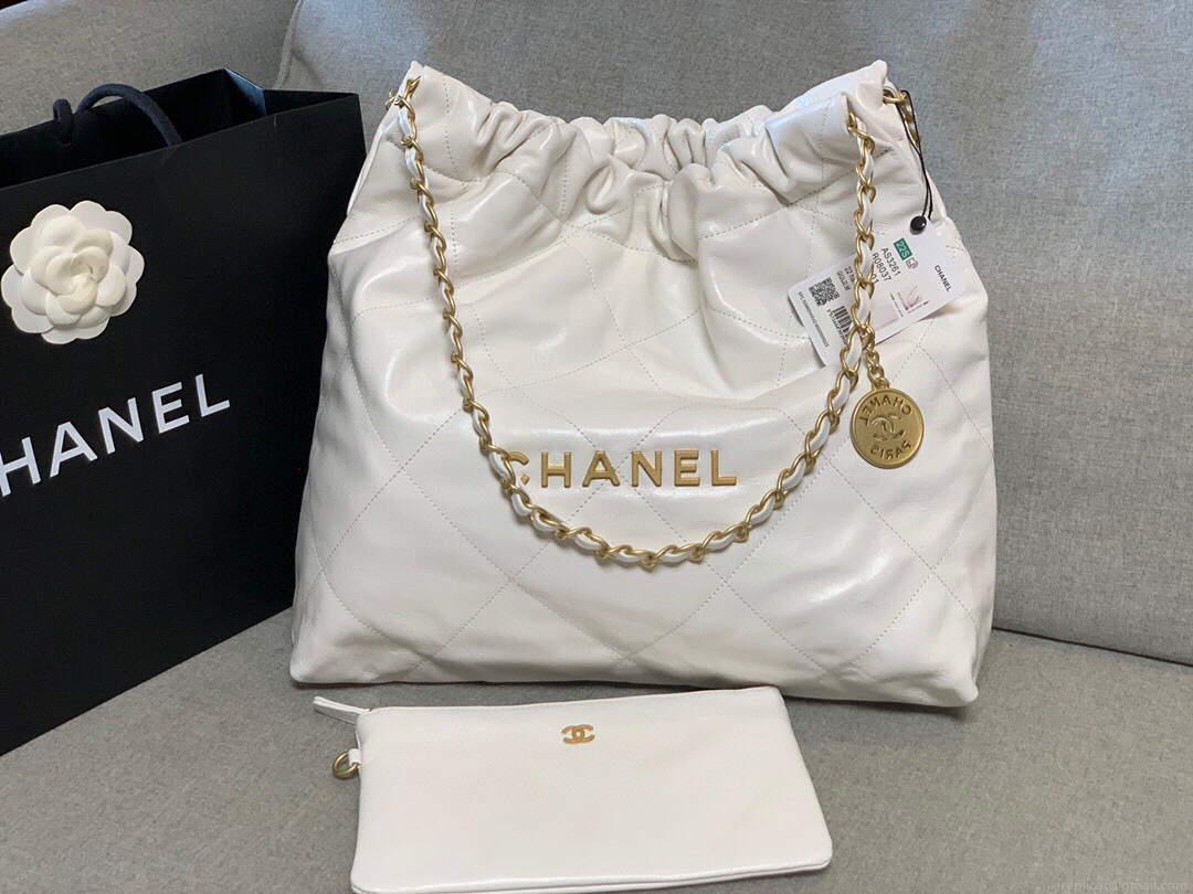 Chanel 22 Handbag Shiny Calfskin Gold AS3261 White