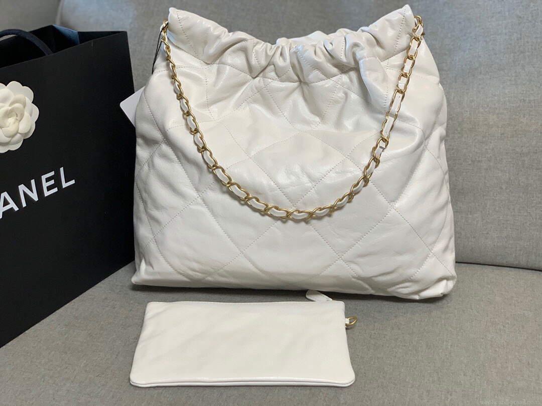 Chanel 22 Handbag Shiny Calfskin Gold AS3261 White