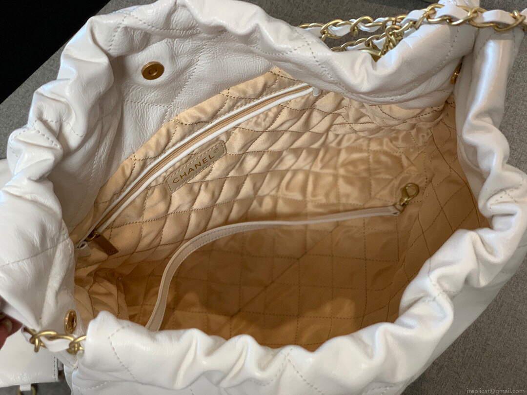 Chanel 22 Handbag Shiny Calfskin Gold AS3261 White