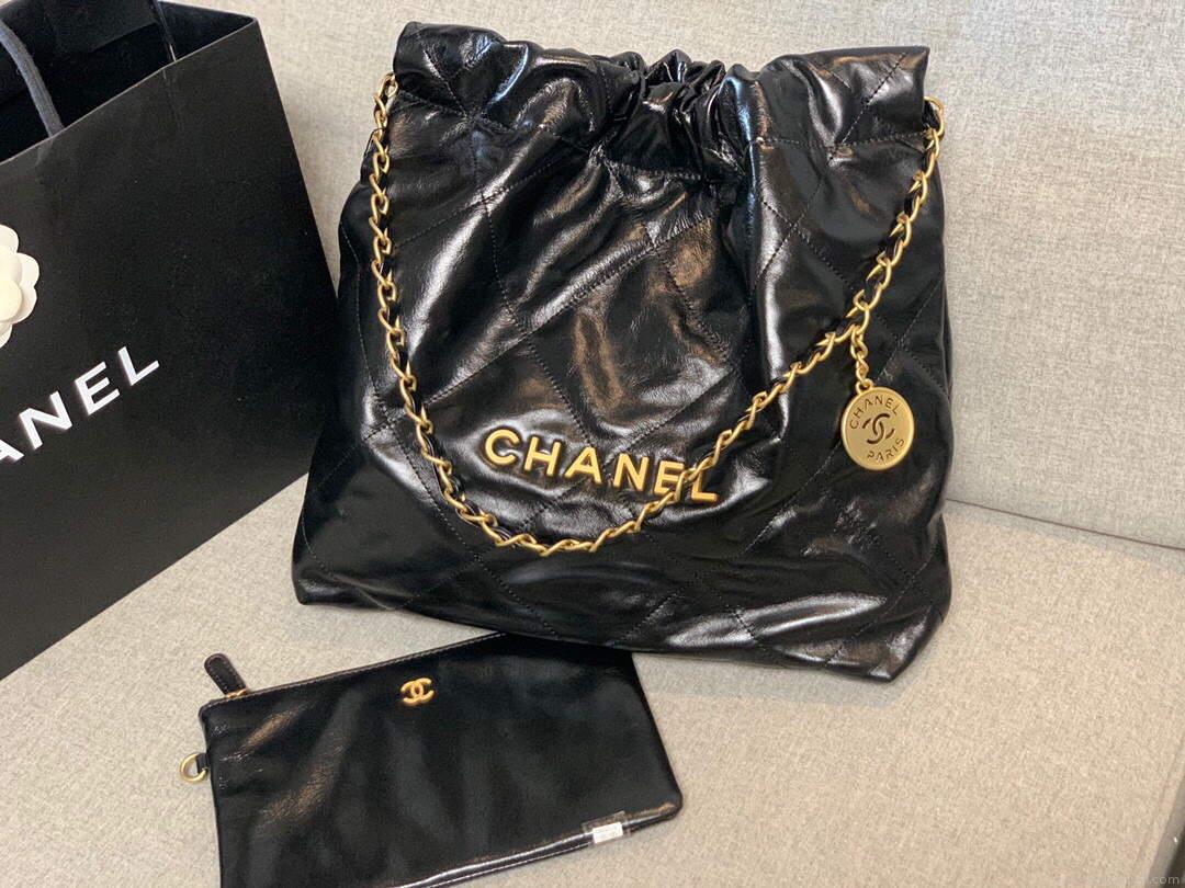 Chanel 22 Small Handbag Shiny Calfskin AS3260 Black Gold