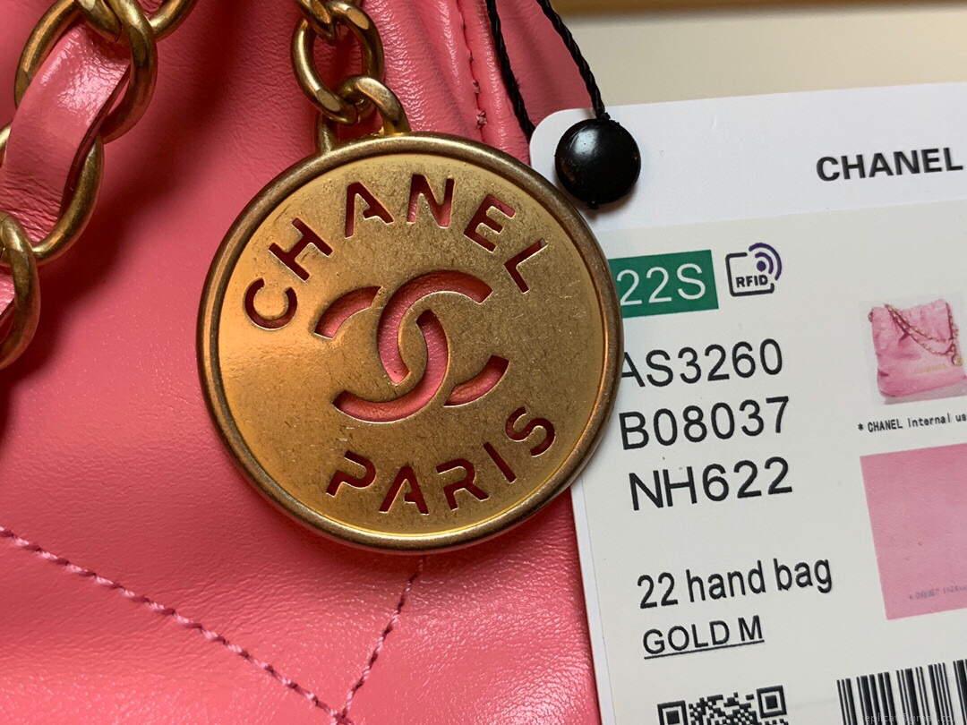 Chanel 22 Small Handbag Shiny Calfskin AS3260 Pink Gold