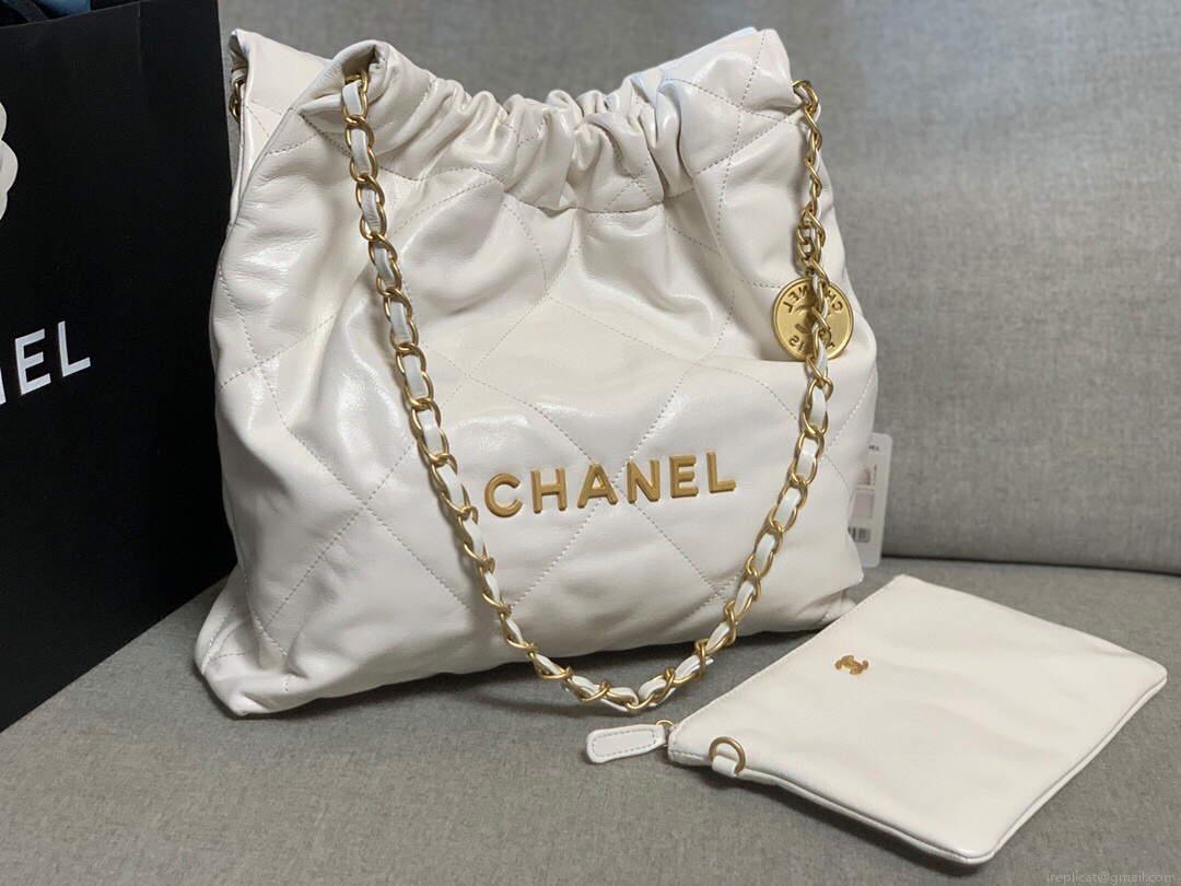 Chanel 22 Small Handbag Shiny Calfskin AS3260 White Gold