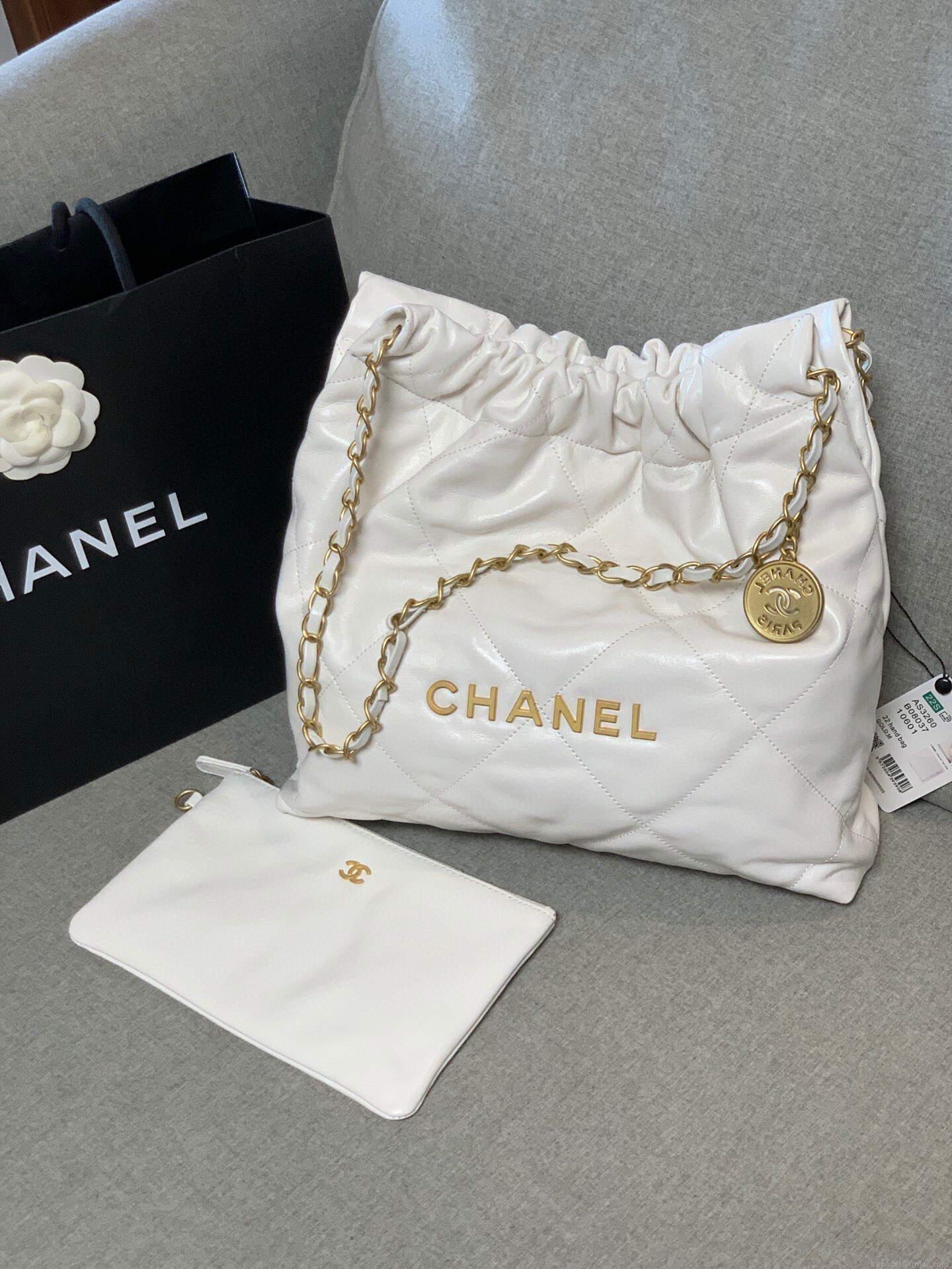 Chanel 22 Small Handbag Shiny Calfskin AS3260 White Gold