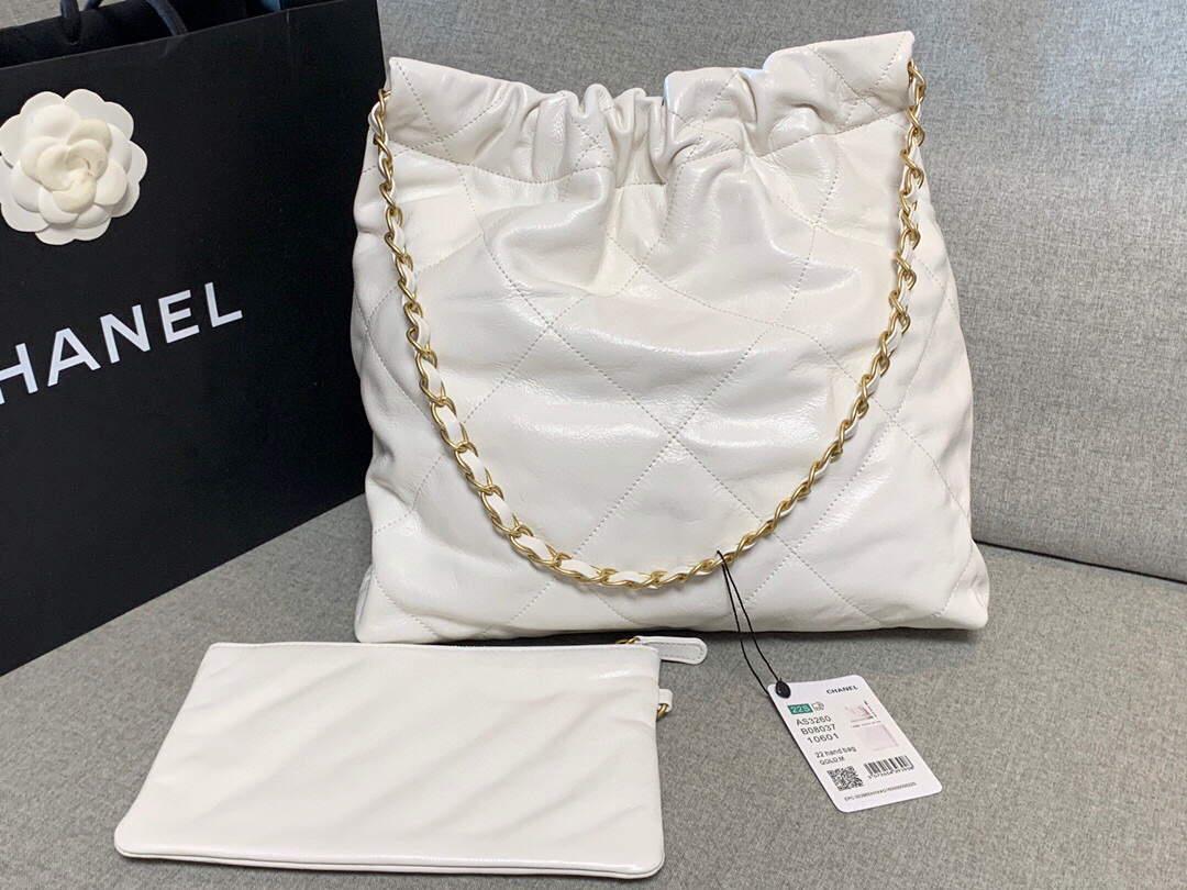 Chanel 22 Small Handbag Shiny Calfskin AS3260 White Gold