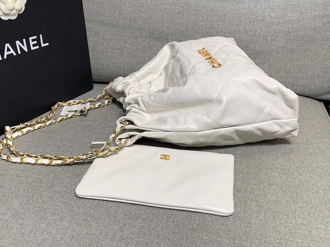 Chanel 22 Small Handbag Shiny Calfskin AS3260 White Gold