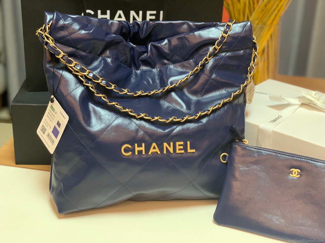 Chanel 22 Small Handbag Shiny Calfskin AS3260 Navy Blue Gold
