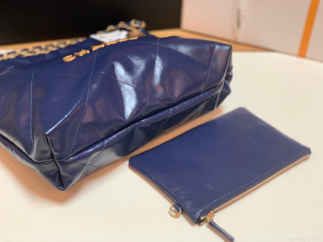 Chanel 22 Small Handbag Shiny Calfskin AS3260 Navy Blue Gold