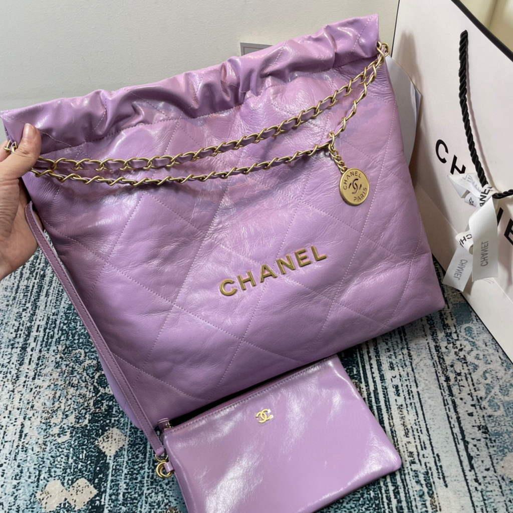 Chanel 22 Handbag Shiny Calfskin Gold AS3261 Purple