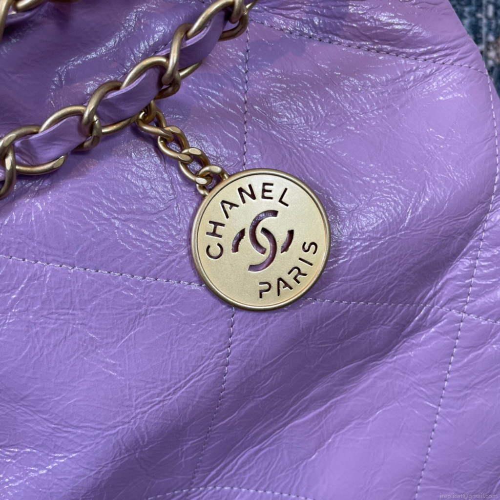 Chanel 22 Handbag Shiny Calfskin Gold AS3261 Purple