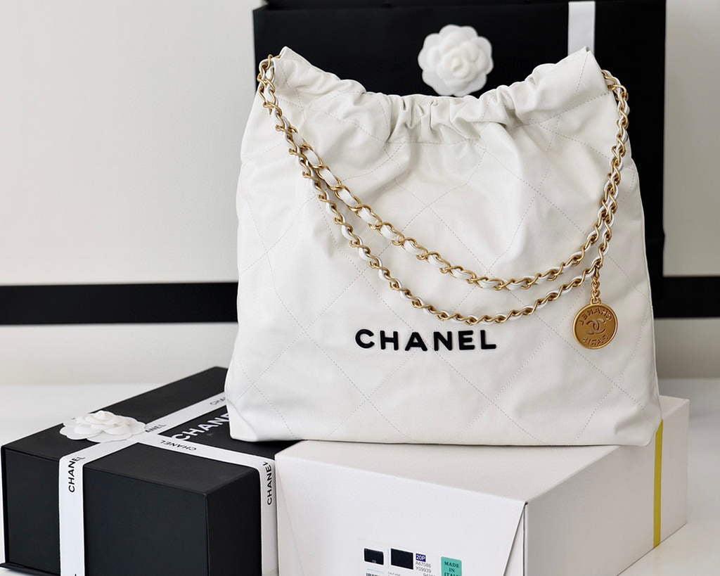 Chanel 22 Handbag Shiny Calfskin Gold AS3261 White with Black logo