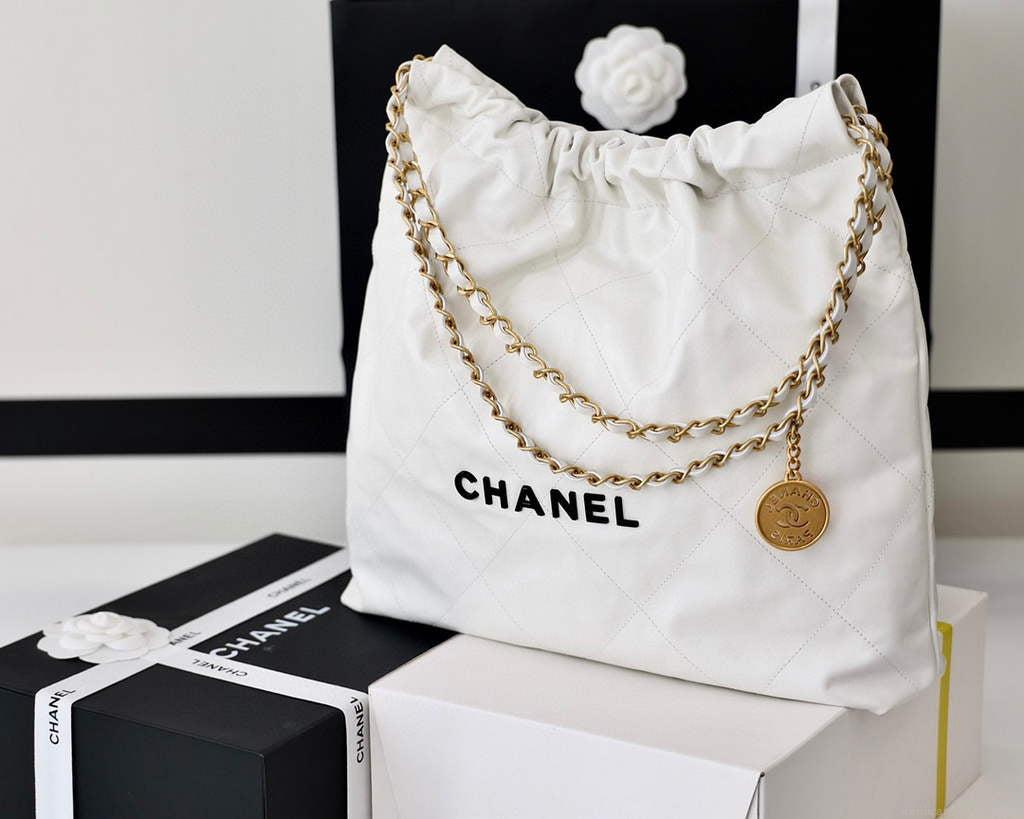 Chanel 22 Handbag Shiny Calfskin Gold AS3261 White with Black logo