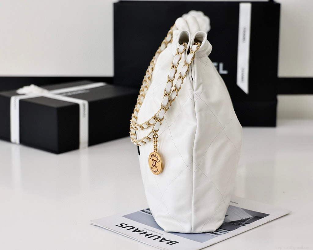 Chanel 22 Handbag Shiny Calfskin Gold AS3261 White with Black logo