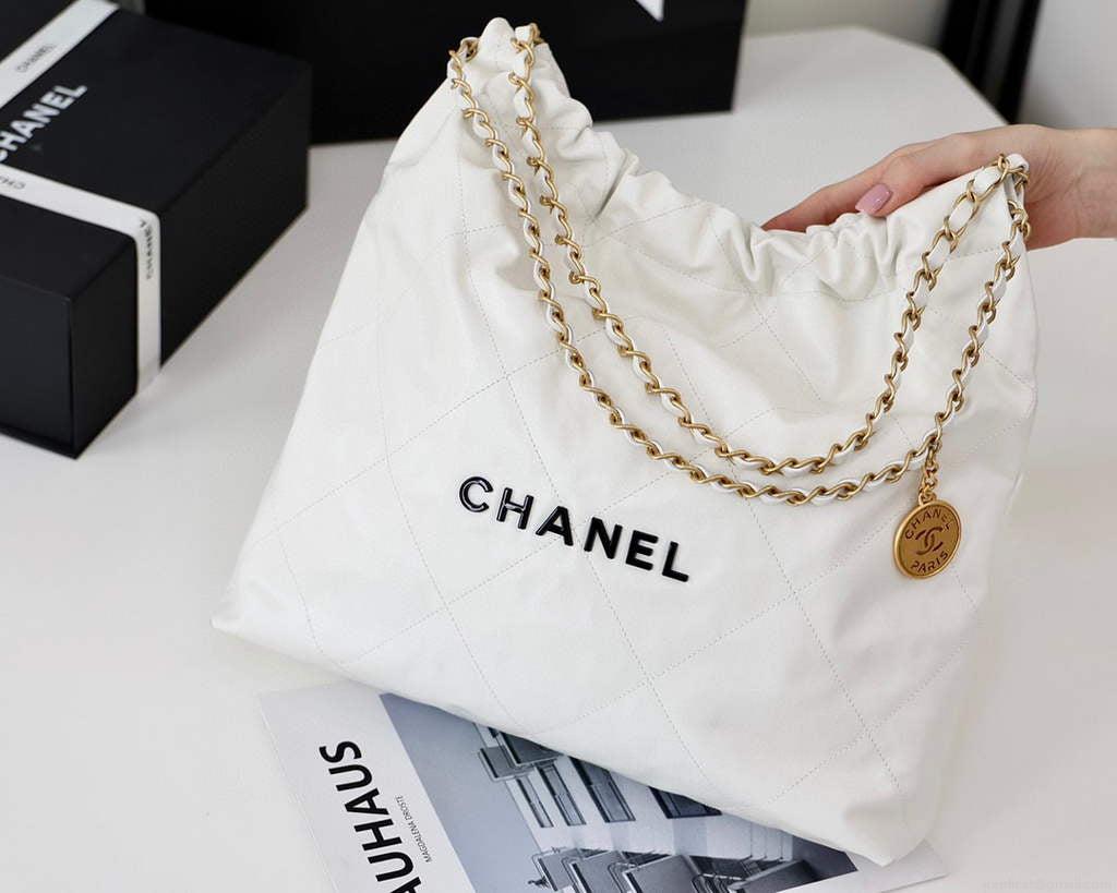 Chanel 22 Handbag Shiny Calfskin Gold AS3261 White with Black logo