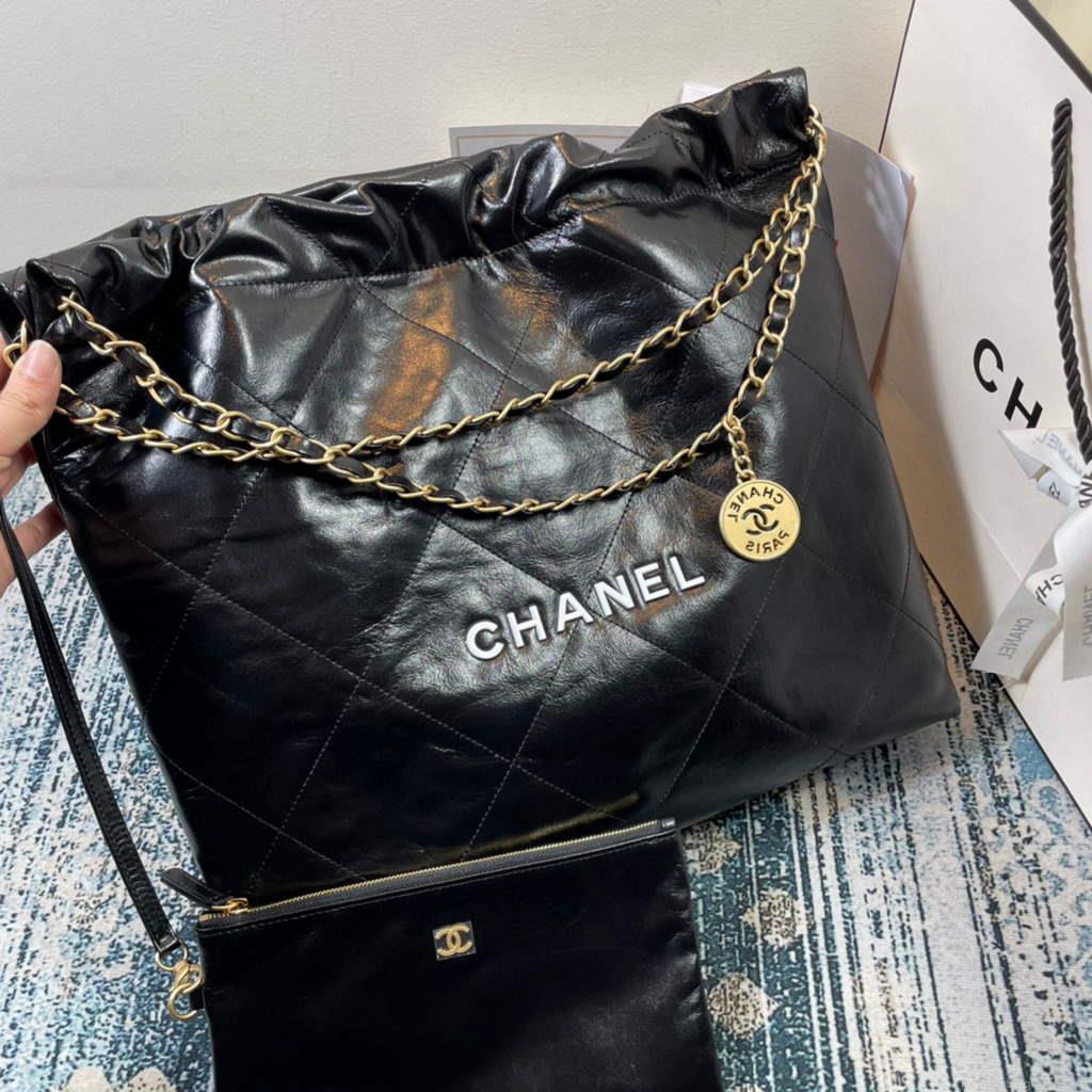 Chanel 22 Handbag Shiny Calfskin Gold AS3261 Black with white logo