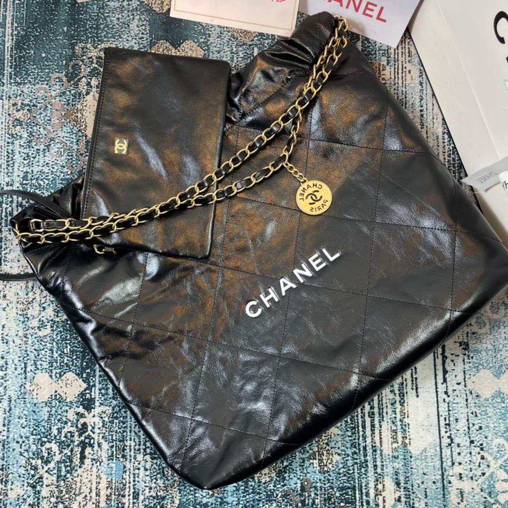 Chanel 22 Handbag Shiny Calfskin Gold AS3261 Black with white logo