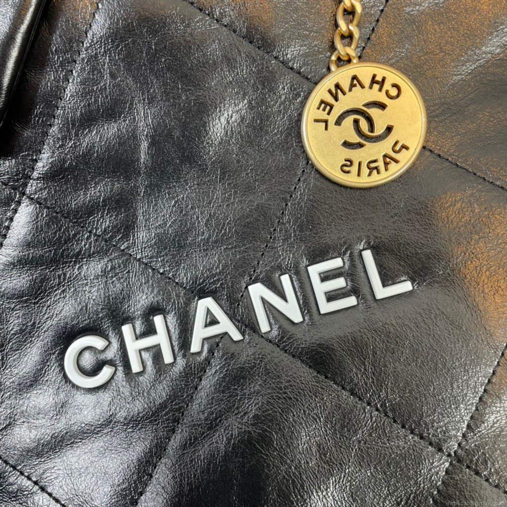 Chanel 22 Handbag Shiny Calfskin Gold AS3261 Black with white logo