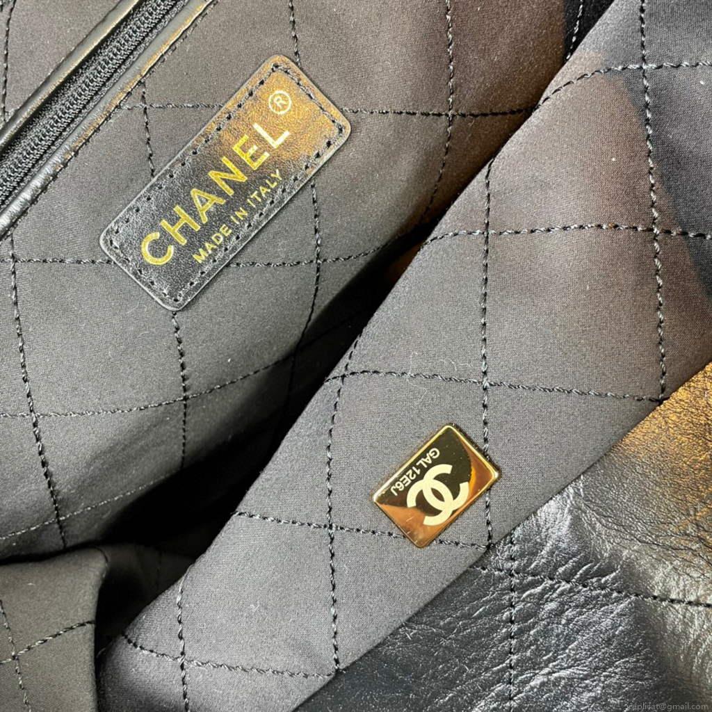 Chanel 22 Handbag Shiny Calfskin Gold AS3261 Black with white logo