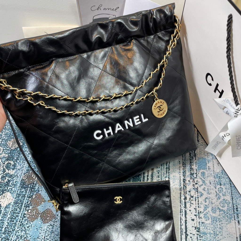 Chanel 22 Small Handbag Shiny Calfskin AS3260 Black Gold with White logo