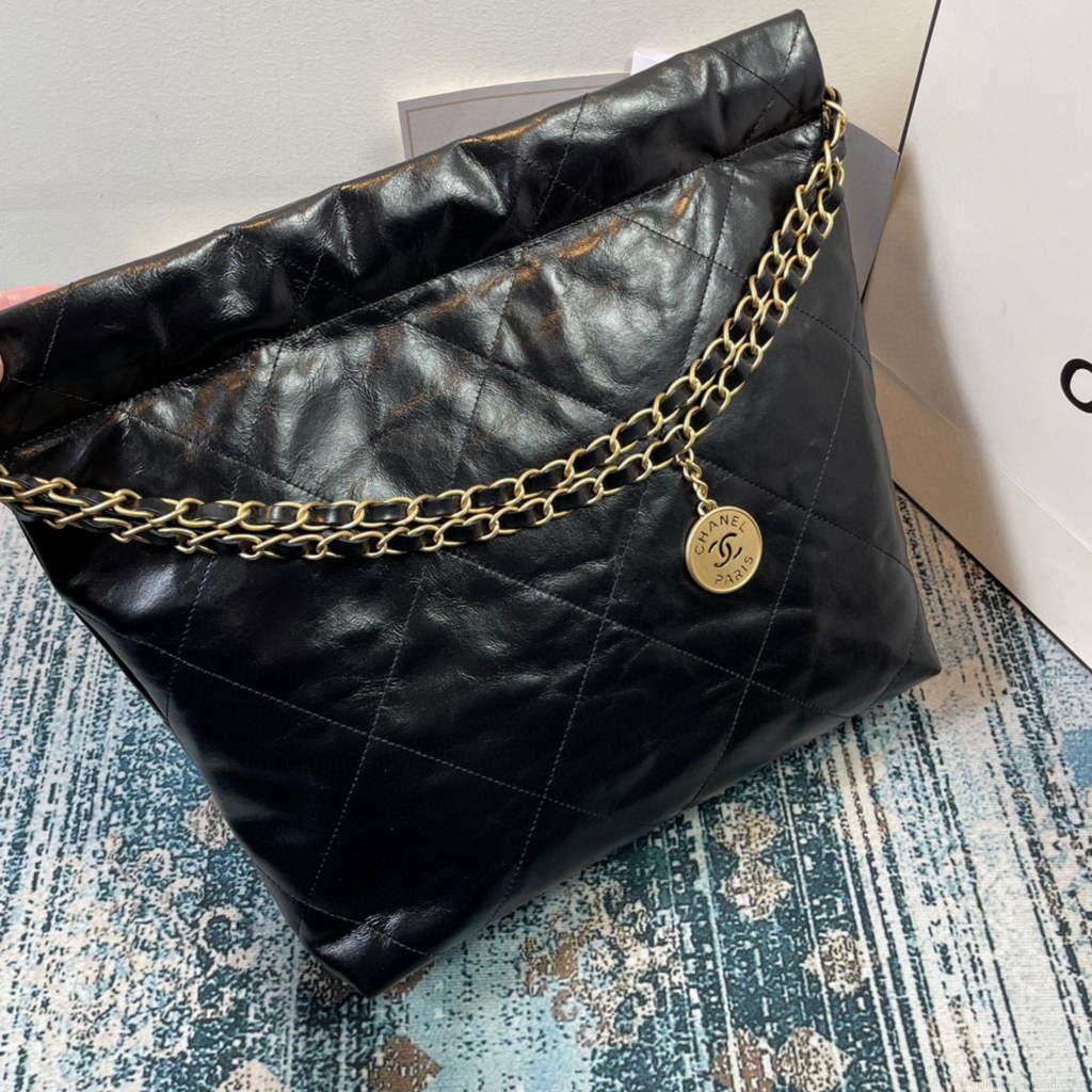 Chanel 22 Small Handbag Shiny Calfskin AS3260 Black Gold with White logo