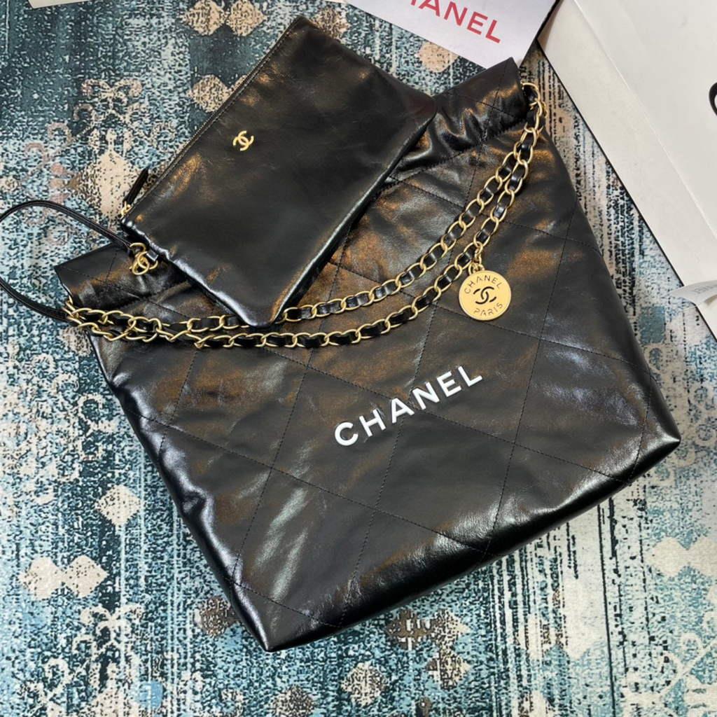 Chanel 22 Small Handbag Shiny Calfskin AS3260 Black Gold with White logo