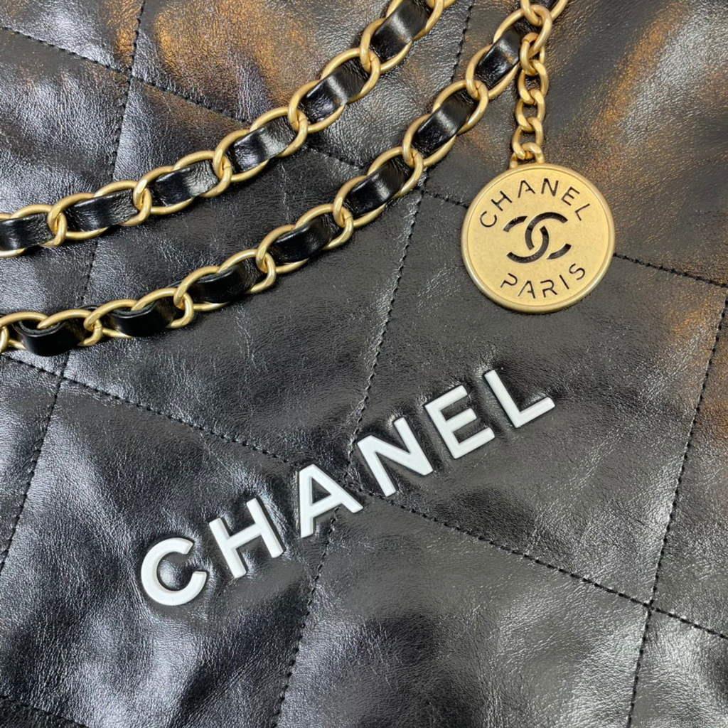 Chanel 22 Small Handbag Shiny Calfskin AS3260 Black Gold with White logo