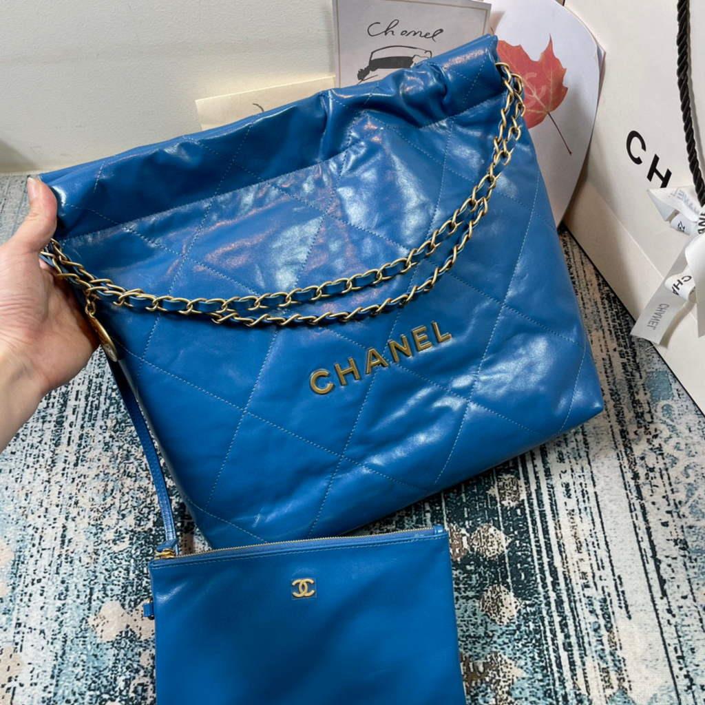 Chanel AS3260 22 Small Handbag Shiny Calfskin Blue Gold