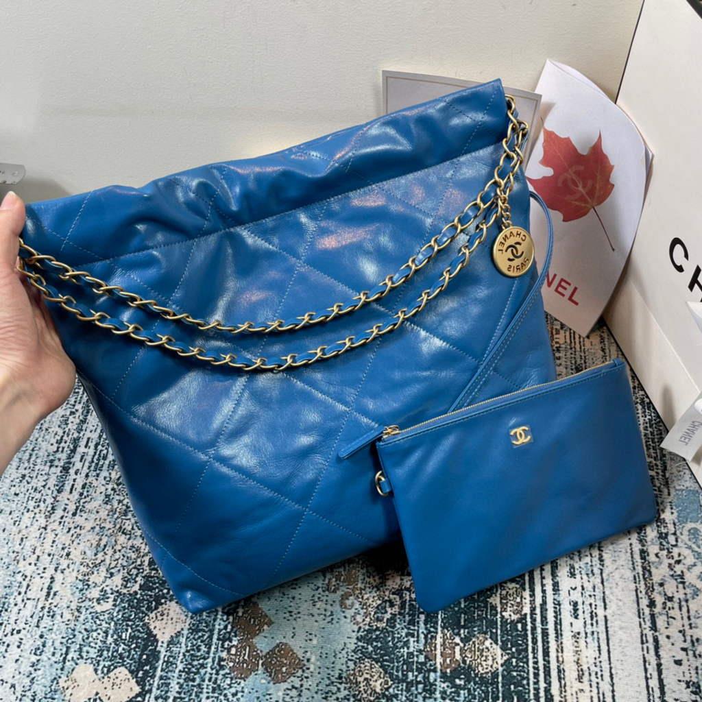 Chanel AS3260 22 Small Handbag Shiny Calfskin Blue Gold