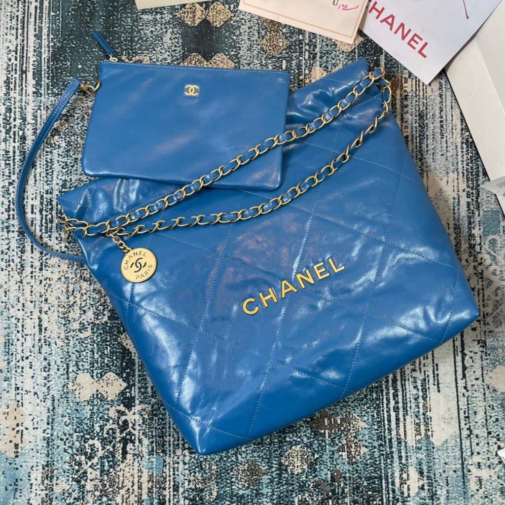 Chanel AS3260 22 Small Handbag Shiny Calfskin Blue Gold
