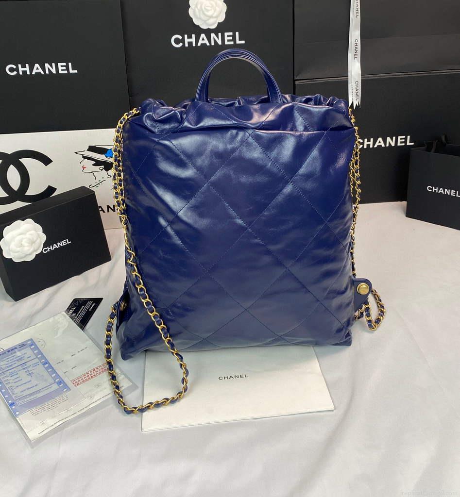 Chanel 22 Backpack Shiny Calfskin AS3313 Blue Gold