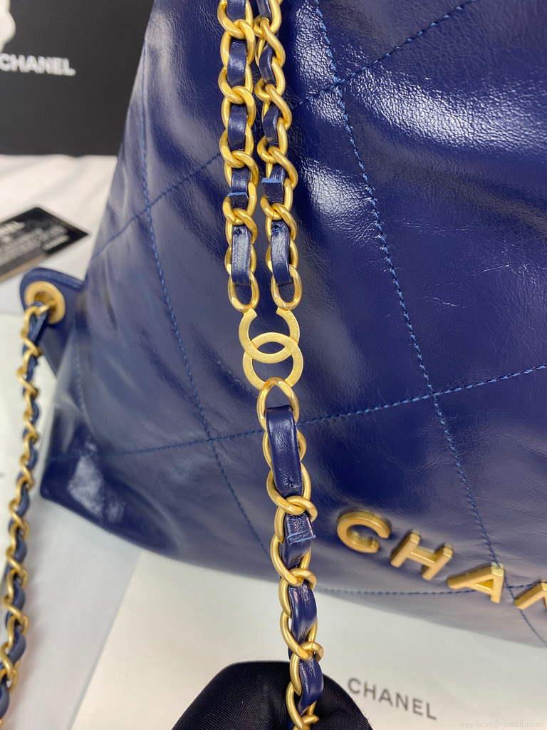 Chanel 22 Backpack Shiny Calfskin AS3313 Blue Gold