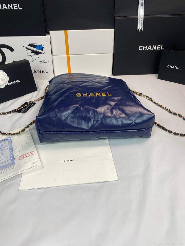 Chanel 22 Backpack Shiny Calfskin AS3313 Blue Gold