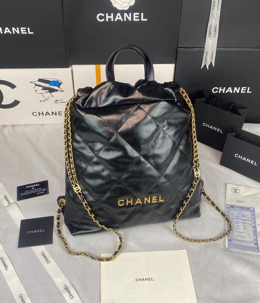 Chanel 22 Backpack Shiny Calfskin AS3313 Black Gold