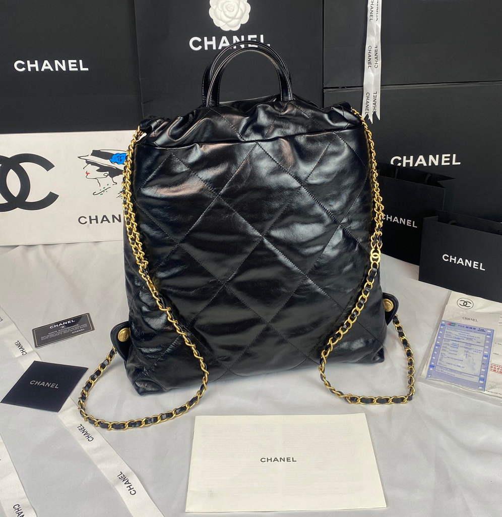 Chanel 22 Backpack Shiny Calfskin AS3313 Black Gold