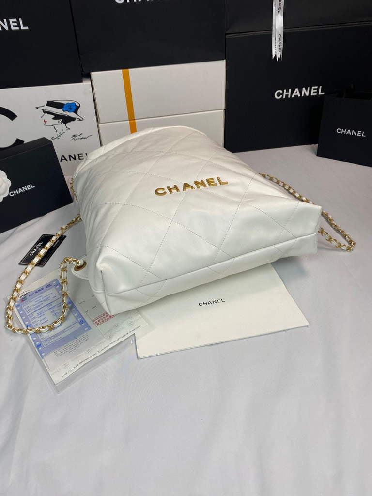 Chanel 22 Backpack Shiny Calfskin AS3313 White Gold