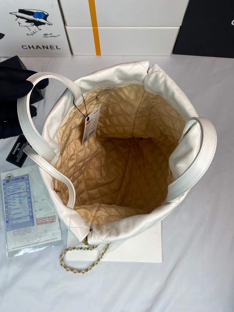 Chanel 22 Backpack Shiny Calfskin AS3313 White Gold